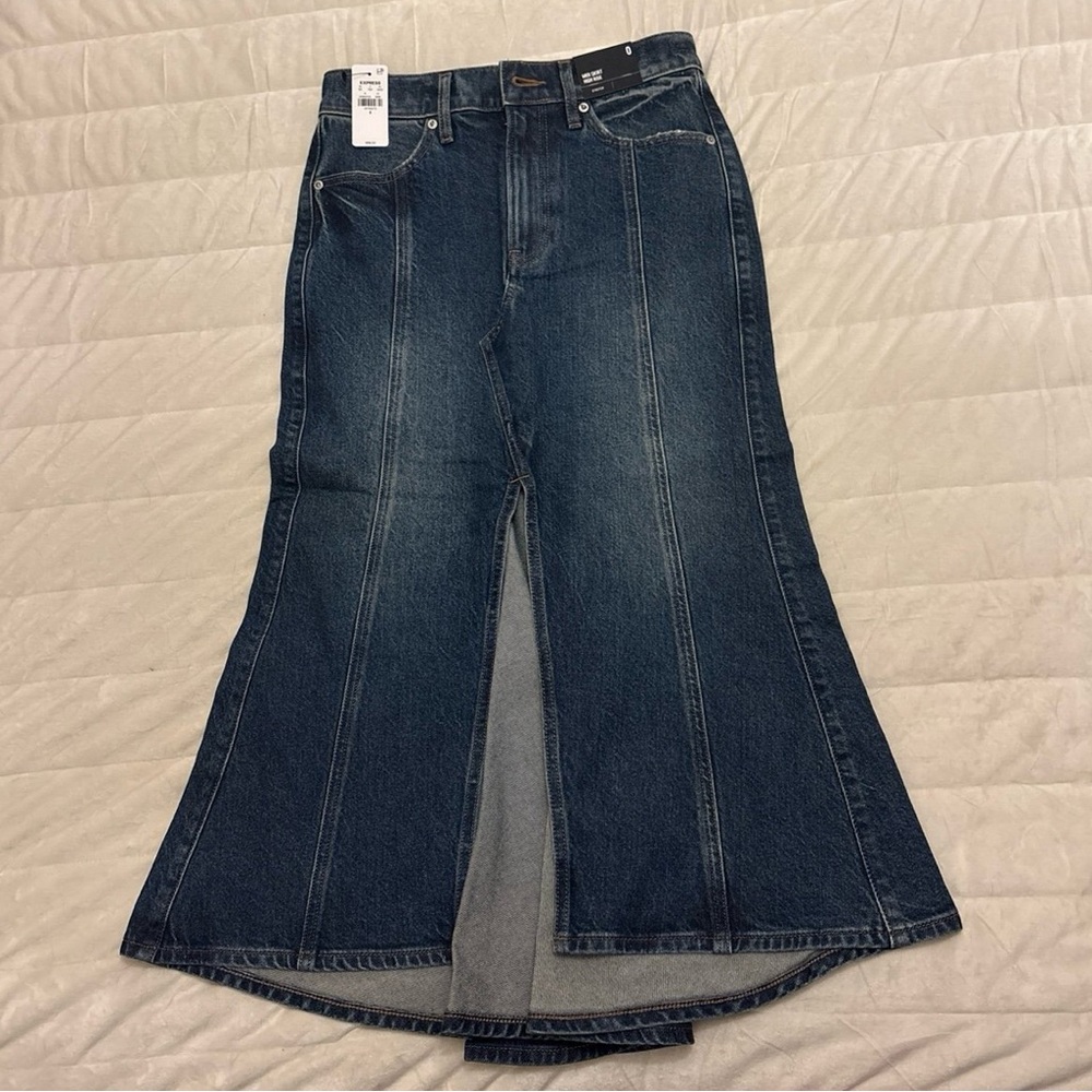 Express High Ride Midi Flare Denim Skirt